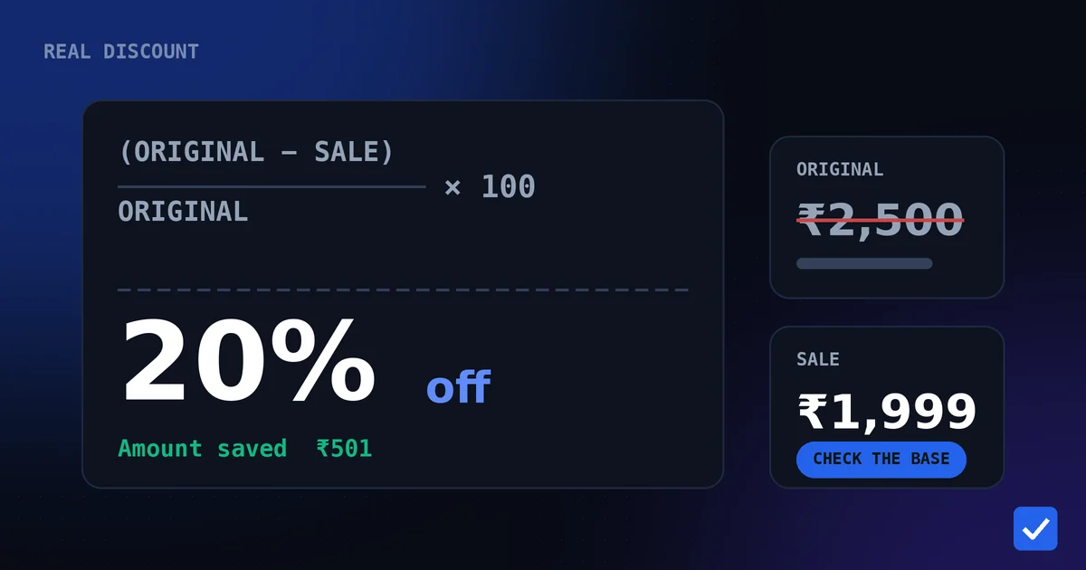 Flat illustration of a calculator beside a price tag showing a percent sign and two price values, in blue and indigo on a dark background
