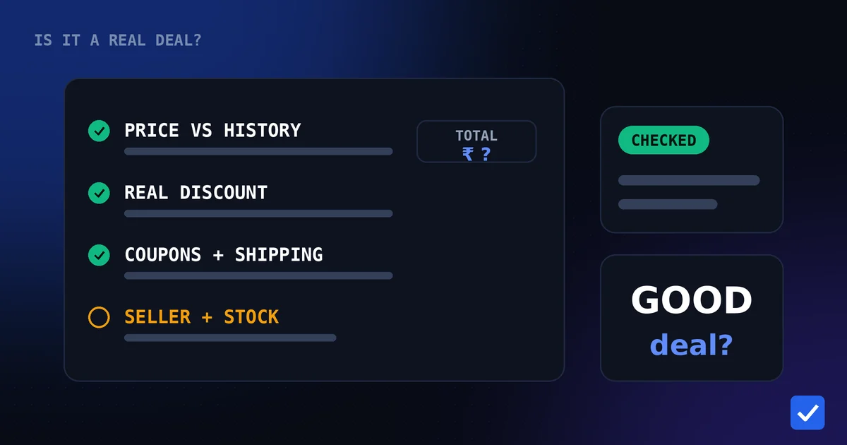 Flat illustration of a deal checklist card with a price tag, a percent badge and a ticked verdict beside a small price line, in blue and indigo on a dark background