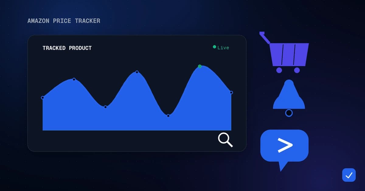 Modern flat illustration of an Amazon price tracker dashboard with a price drop line and a Telegram notification, in blue and indigo on a dark background