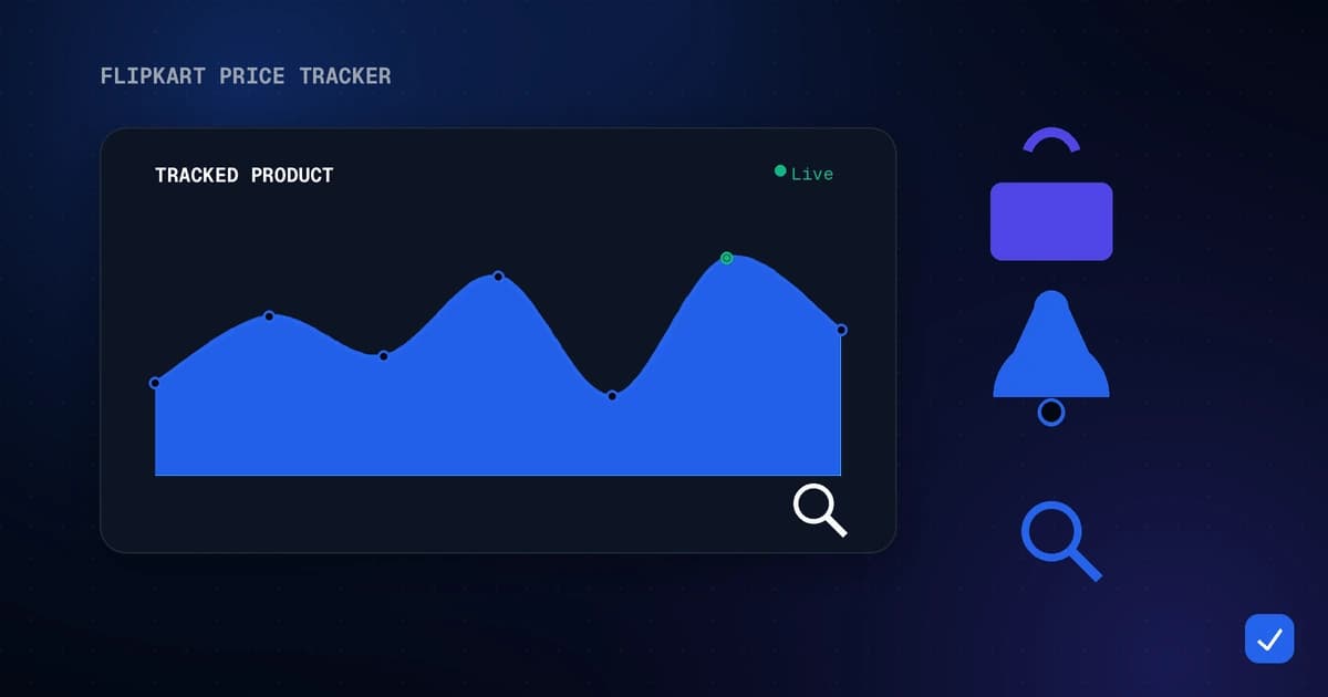 Modern flat illustration of a Flipkart price tracker with a shopping cart and a price trend graph, in blue and indigo on a dark background