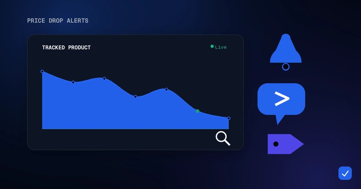 Modern flat illustration of a notification bell with a falling price arrow and a Telegram message bubble, in blue and indigo on a dark background