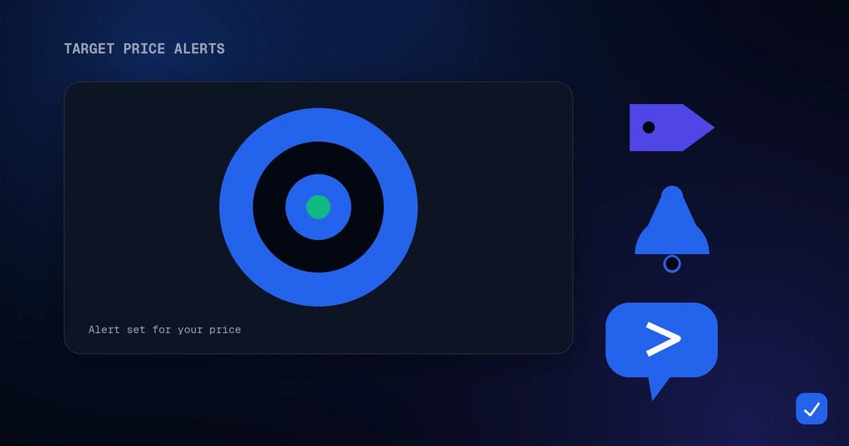 Modern flat illustration of a target with a price tag and a Telegram notification bell, in blue and indigo on a dark background